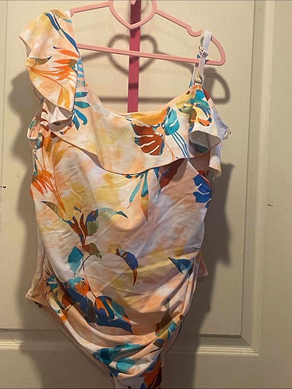 Ruffle One-Shoulder Floral Swim Bodysuit in Multicolor